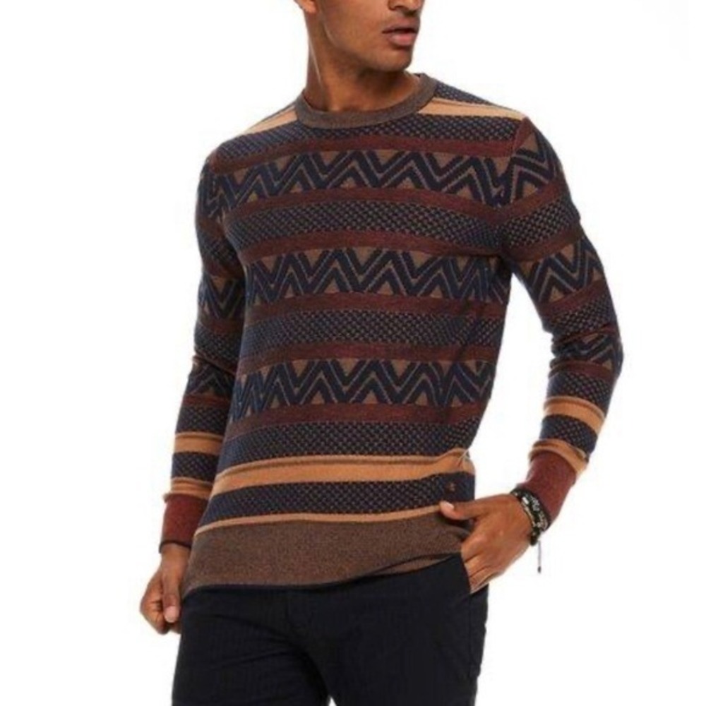 SCOTCH & SODA Crew-Neck Striped Chevron Jacquard Knit Pullover Sweater